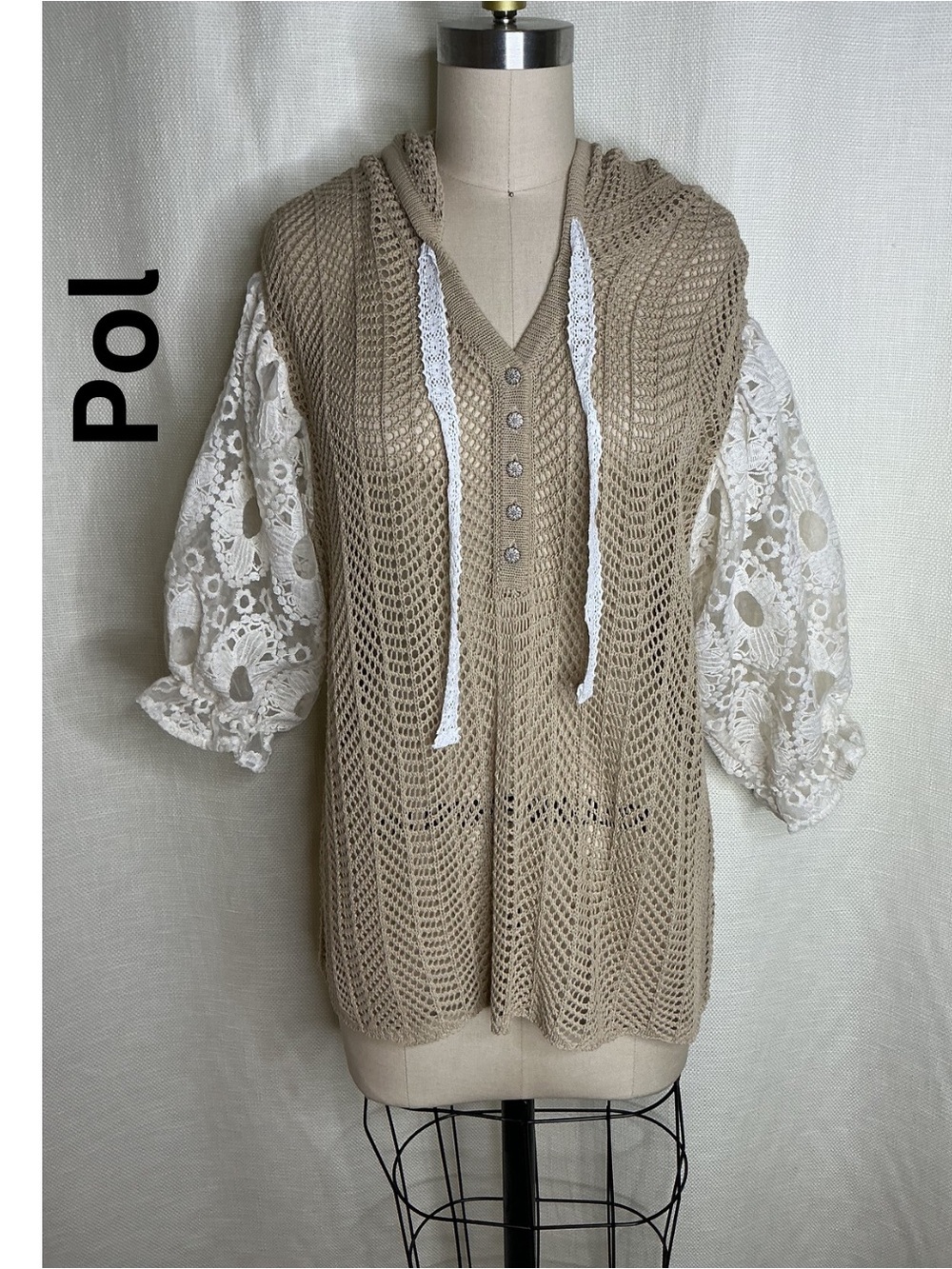 POL Crochet Hoodie Lace Sleeve Top Beige Boho Button Front Size M